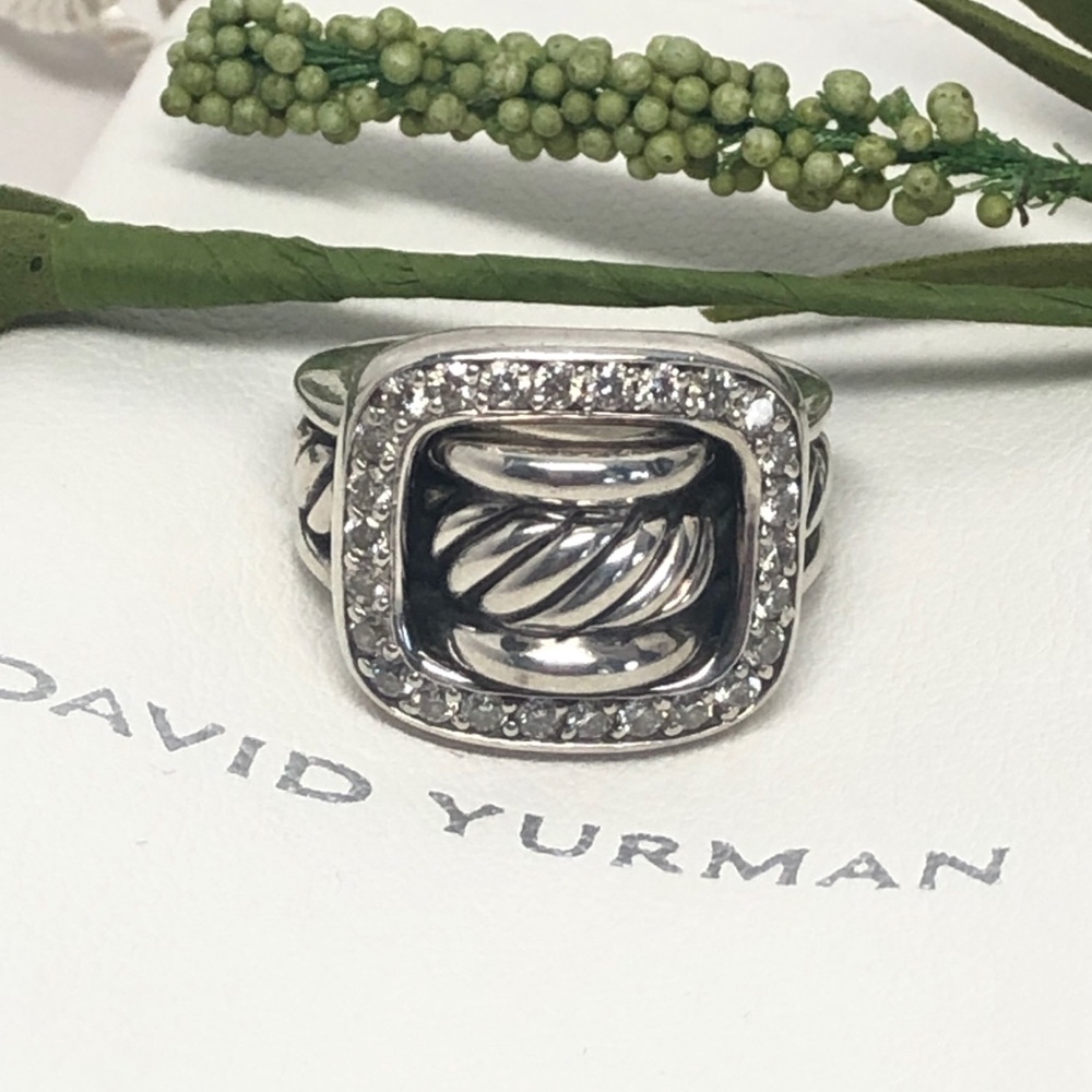 David Yurman Silver Cable Square Ring with Pavé Diamonds - Silver
